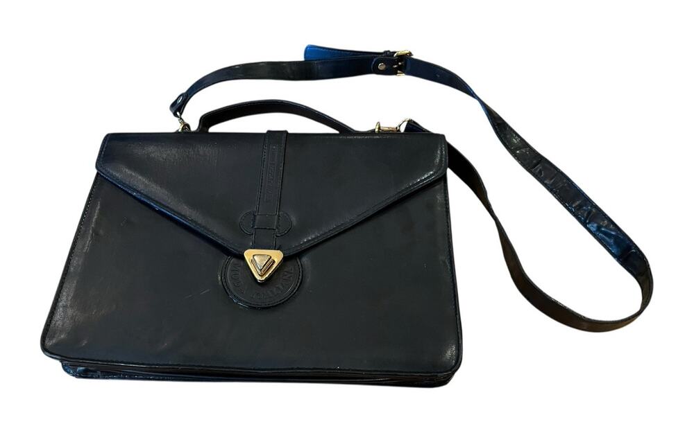 MODA Italiana Top Handle Black Leather Turn lock Flap Briefcase Purse VTG Y2K